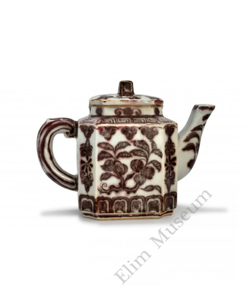 1427  An Ming underglaze red auspicious fruits teapot